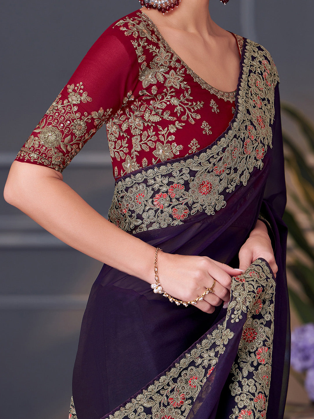 Pure Georgette Pink Embellished Designer Saree With Blouse