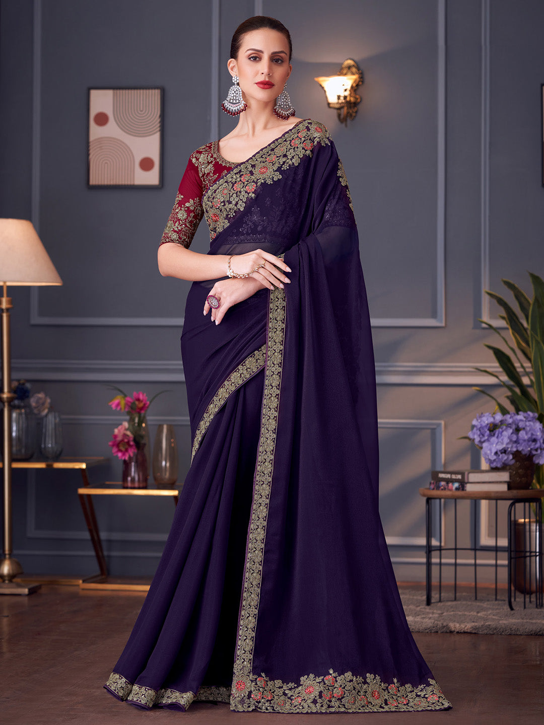 Pure Georgette Pink Embellished Designer Saree With Blouse