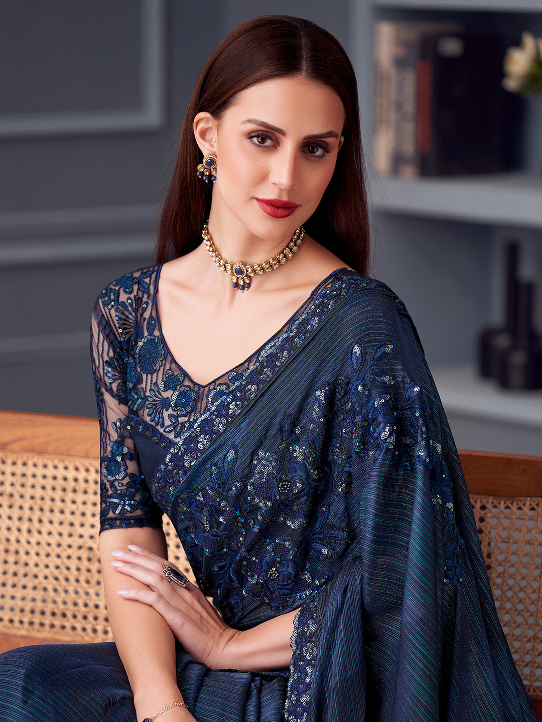 Pure Georgette Navy Blue Embellished Designer Saree With Blouse