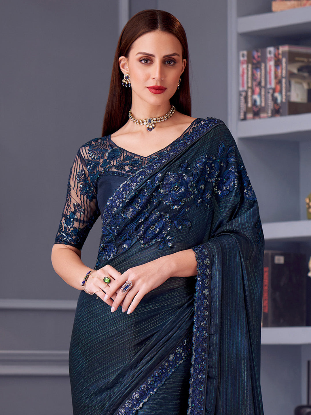 Pure Georgette Navy Blue Embellished Designer Saree With Blouse