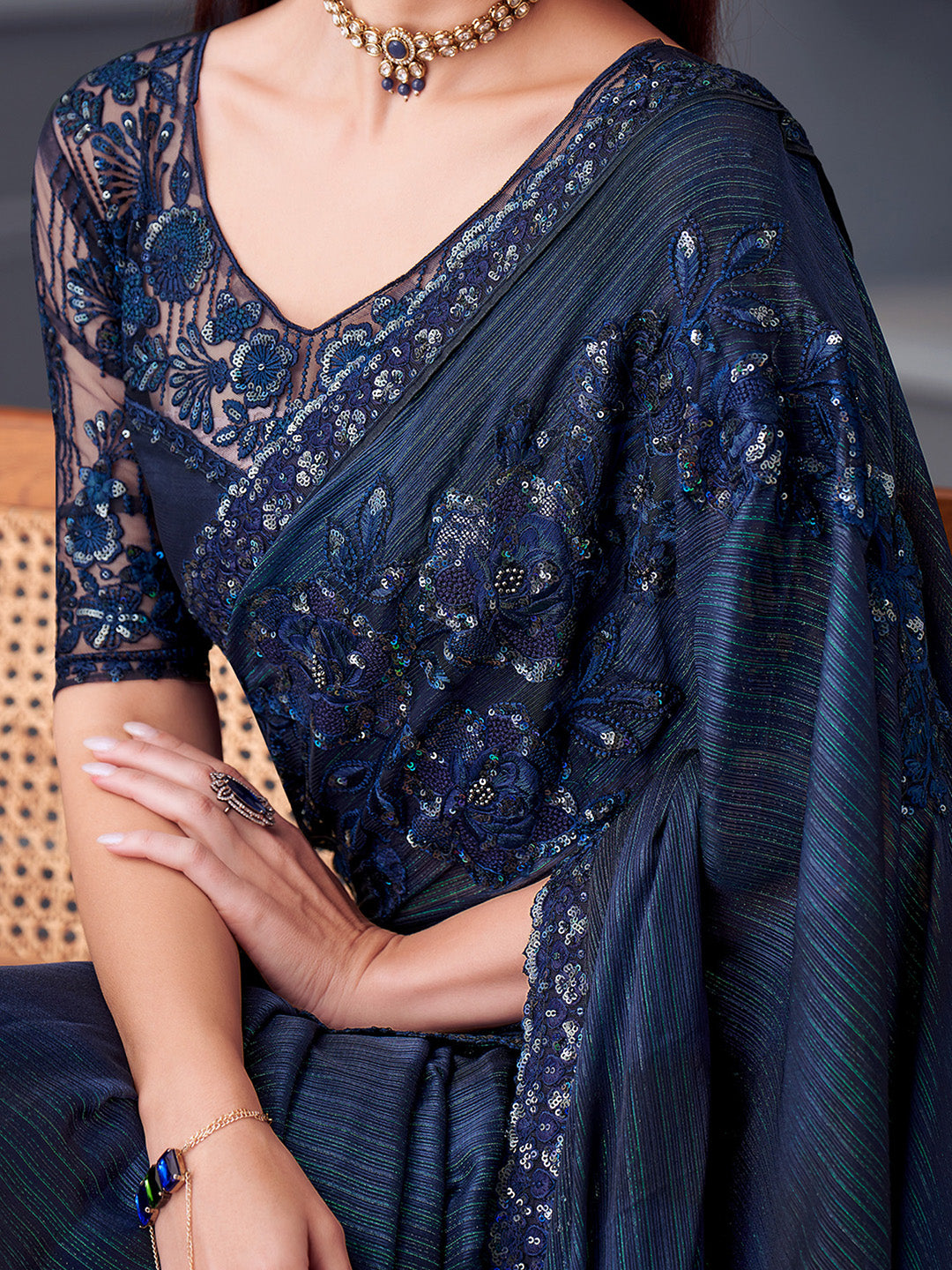 Pure Georgette Navy Blue Embellished Designer Saree With Blouse