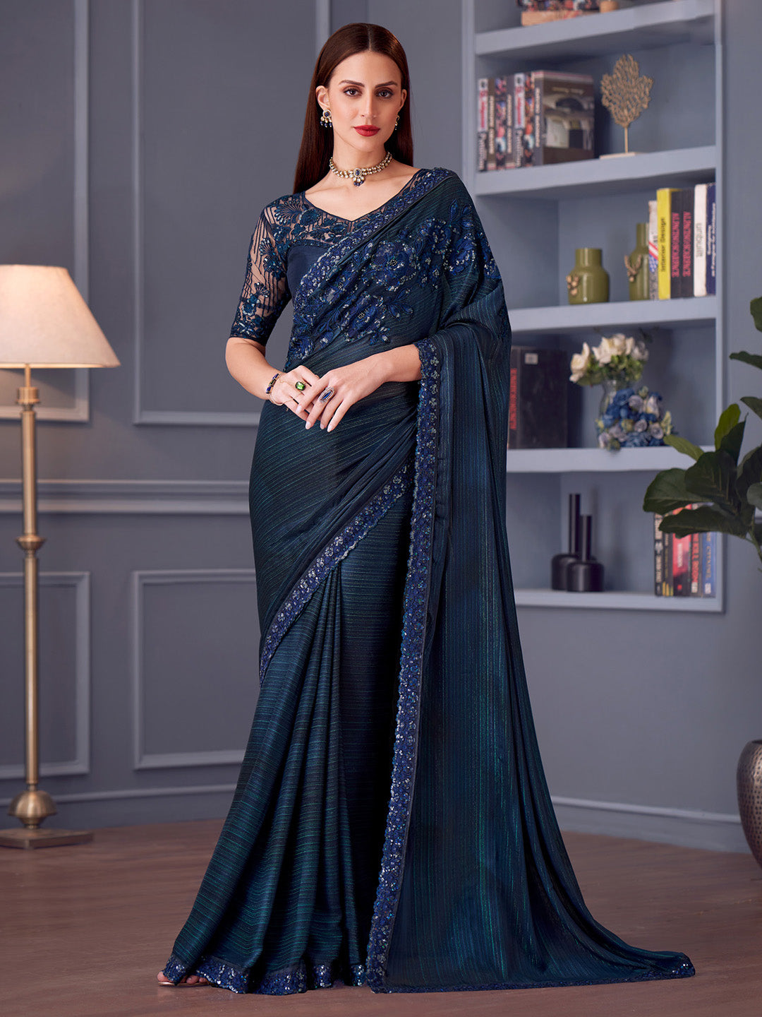 Pure Georgette Navy Blue Embellished Designer Saree With Blouse