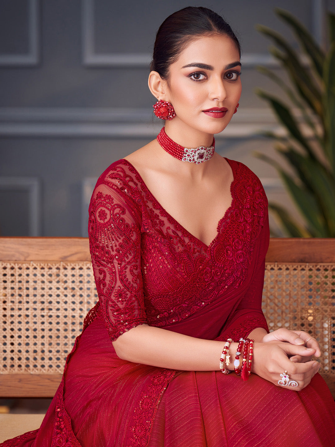 Pure Georgette Red Embellished Designer Saree With Blouse
