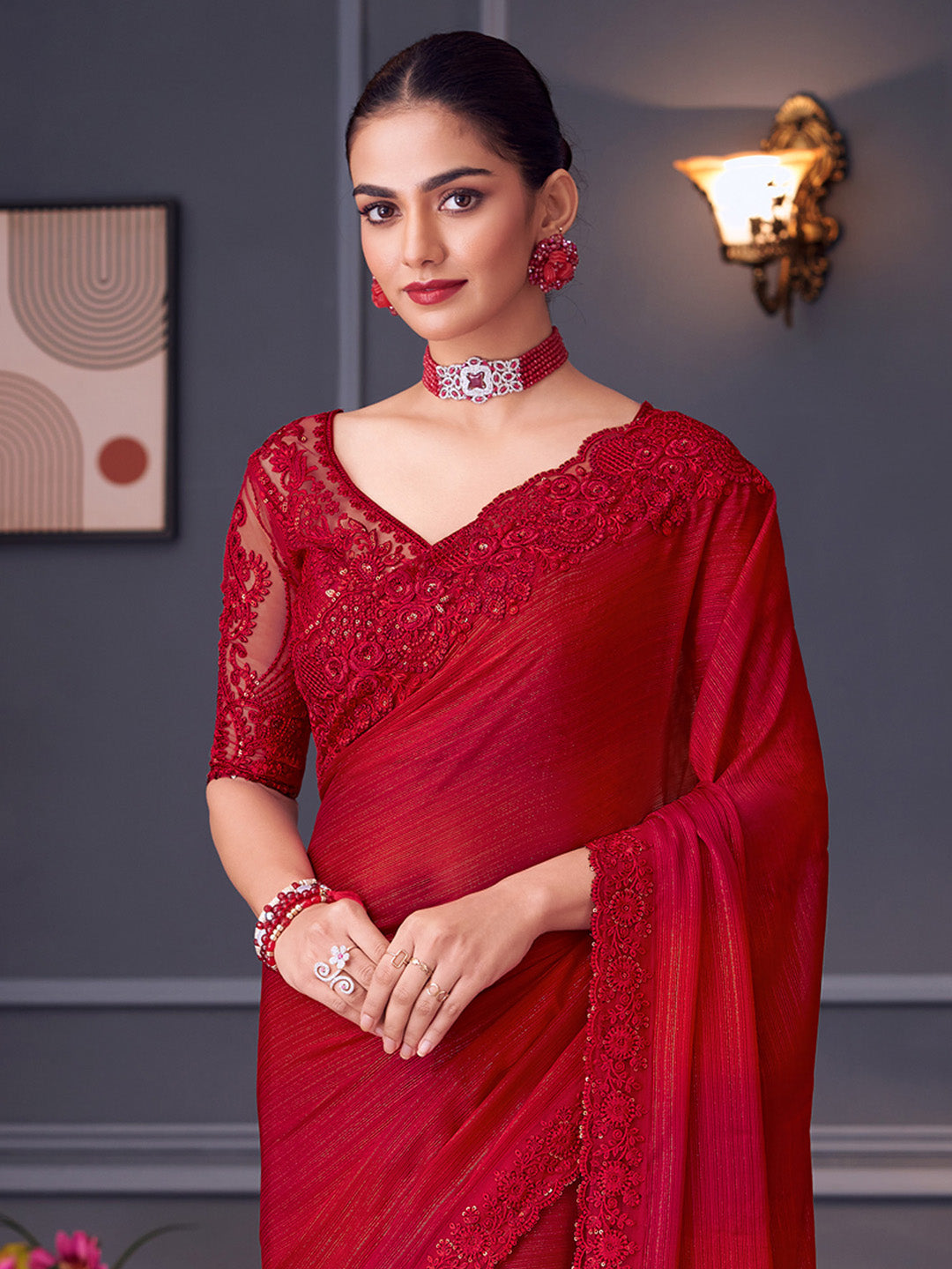 Pure Georgette Red Embellished Designer Saree With Blouse