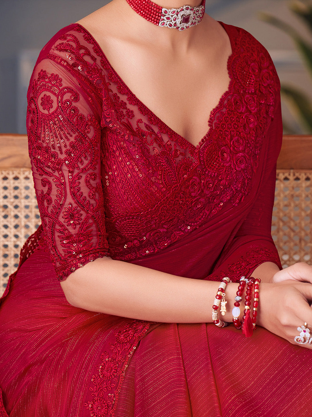 Pure Georgette Red Embellished Designer Saree With Blouse