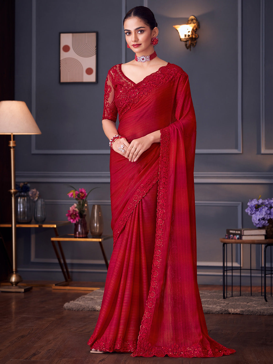 Pure Georgette Red Embellished Designer Saree With Blouse