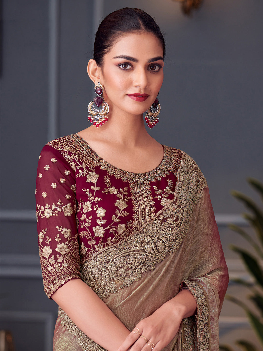 Pure Chiffon Burgundy Embellished Designer Saree With Blouse