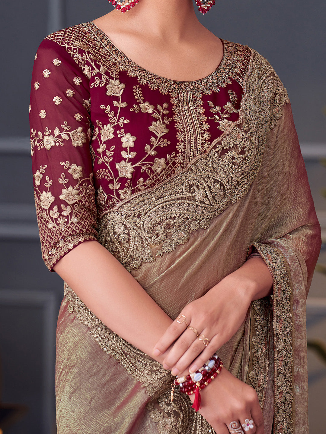 Pure Chiffon Burgundy Embellished Designer Saree With Blouse