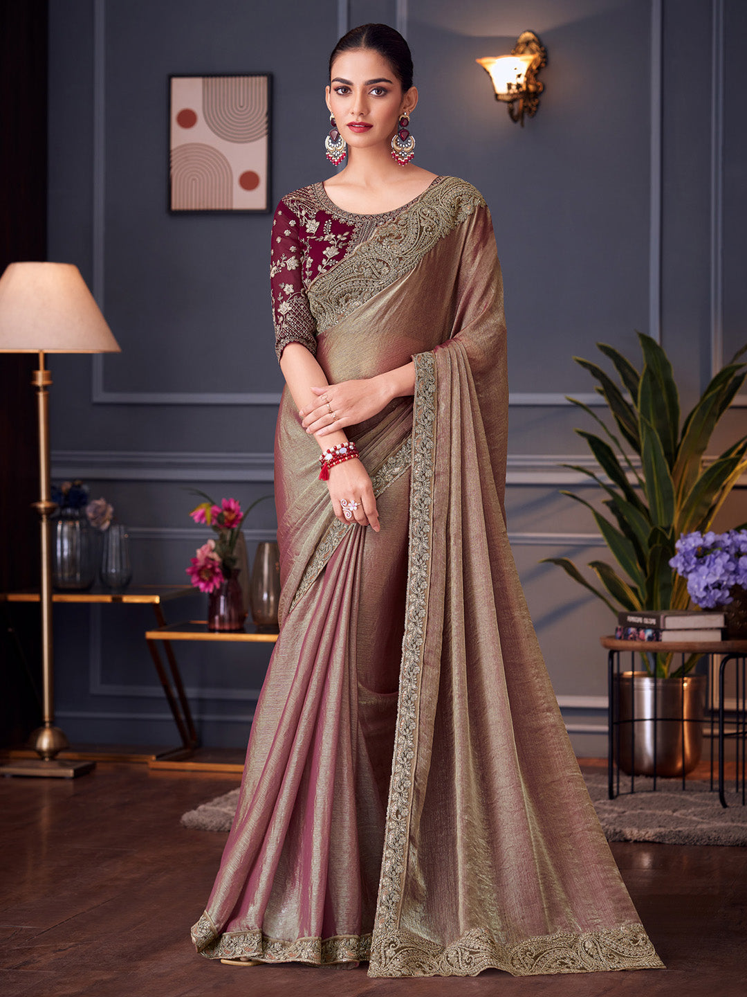 Pure Chiffon Burgundy Embellished Designer Saree With Blouse