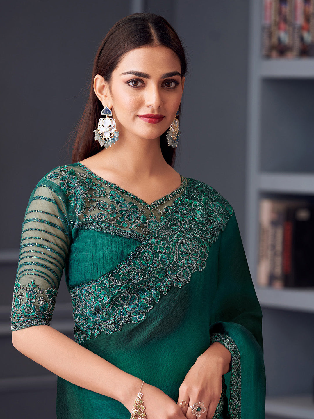 Satin Silk Teal blue Embellished Designer Saree With Blouse