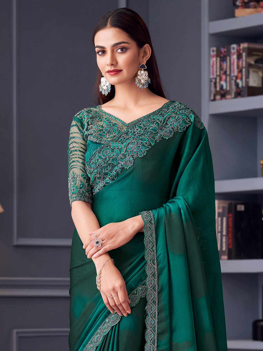 Satin Silk Teal blue Embellished Designer Saree With Blouse