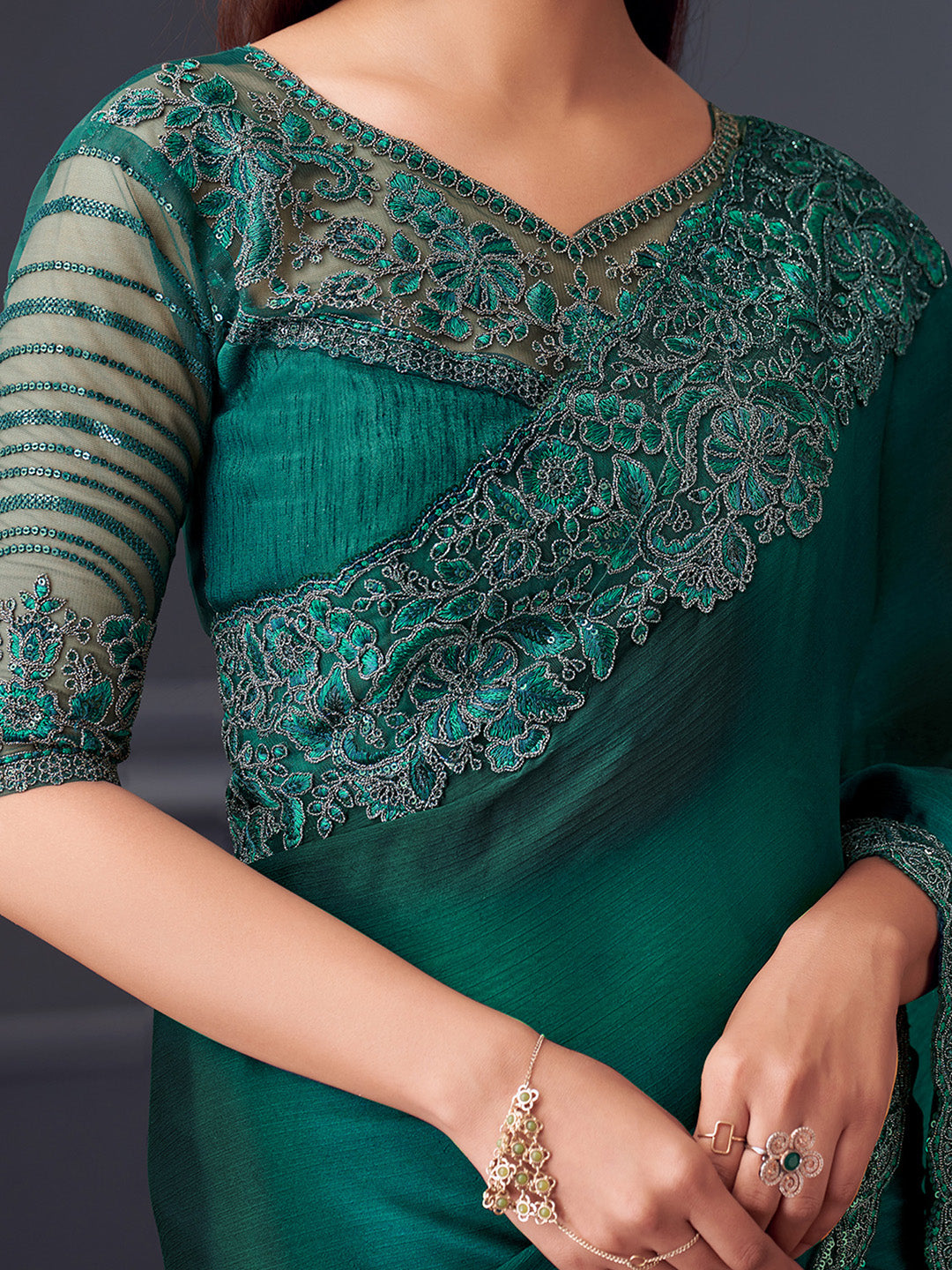 Satin Silk Teal blue Embellished Designer Saree With Blouse