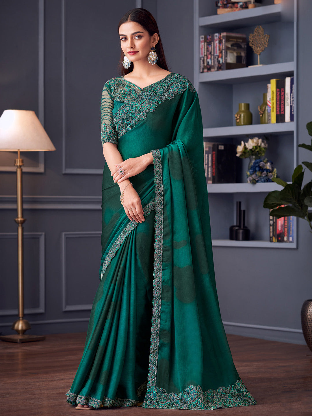Satin Silk Teal blue Embellished Designer Saree With Blouse