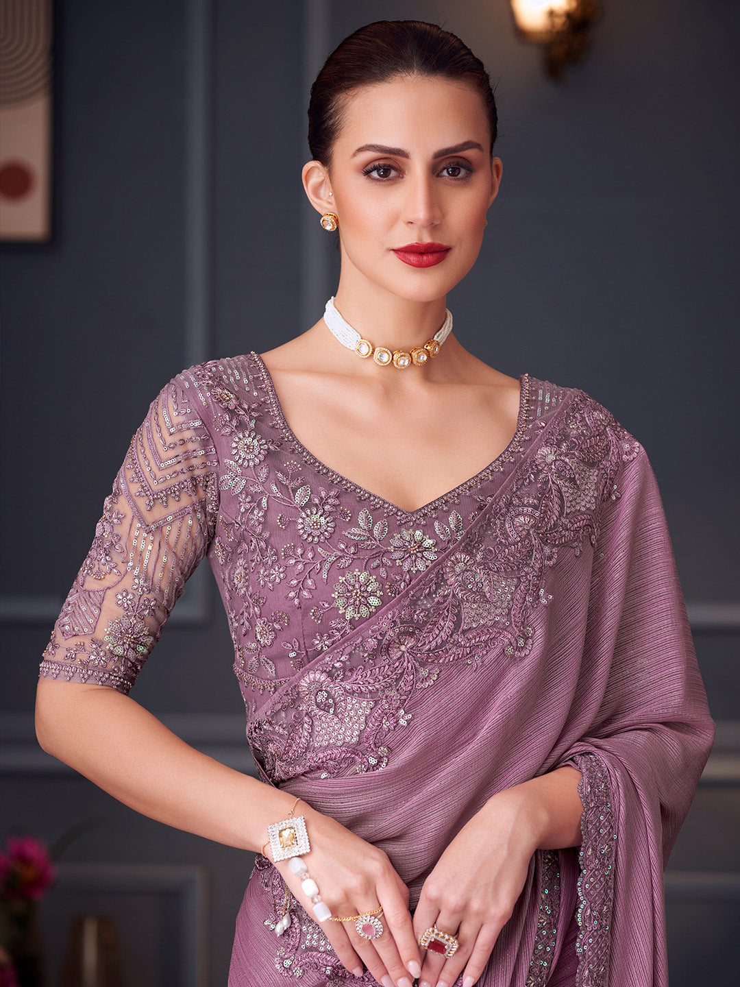Pure Georgette Mauve Embellished Designer Saree With Blouse