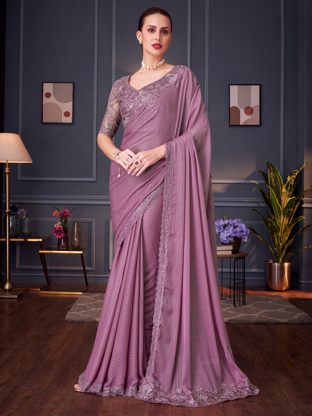 Pure Georgette Mauve Embellished Designer Saree With Blouse
