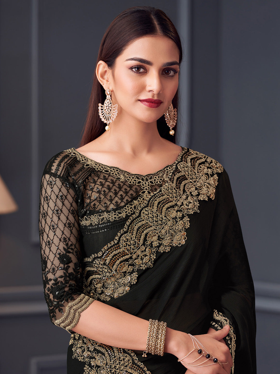Satin Silk Black Embellished Designer Saree With Blouse