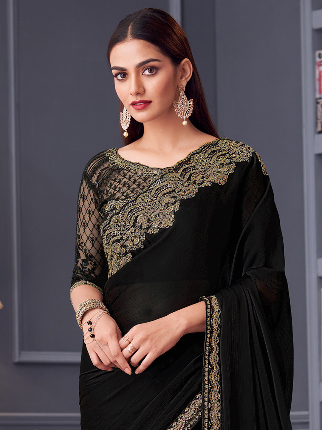Satin Silk Black Embellished Designer Saree With Blouse