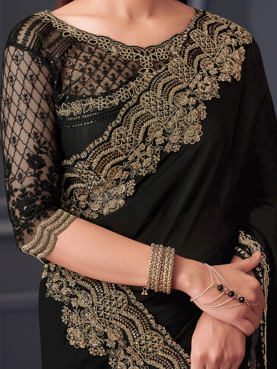 Satin Silk Black Embellished Designer Saree With Blouse