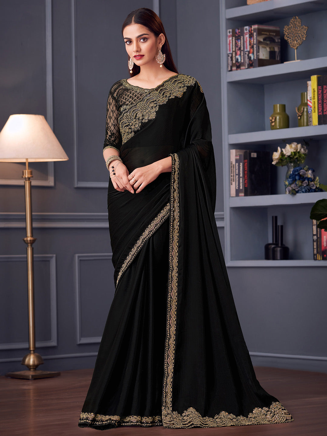 Satin Silk Black Embellished Designer Saree With Blouse