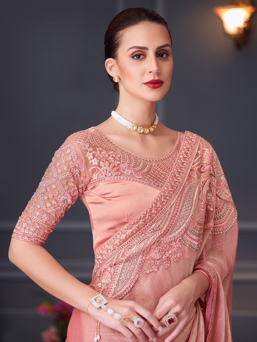 Pure Chiffon Peach Embellished Designer Saree With Blouse
