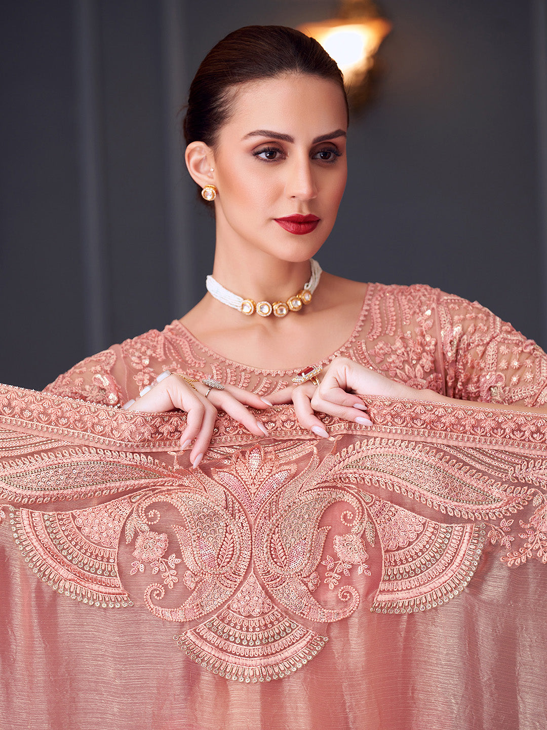 Pure Chiffon Peach Embellished Designer Saree With Blouse