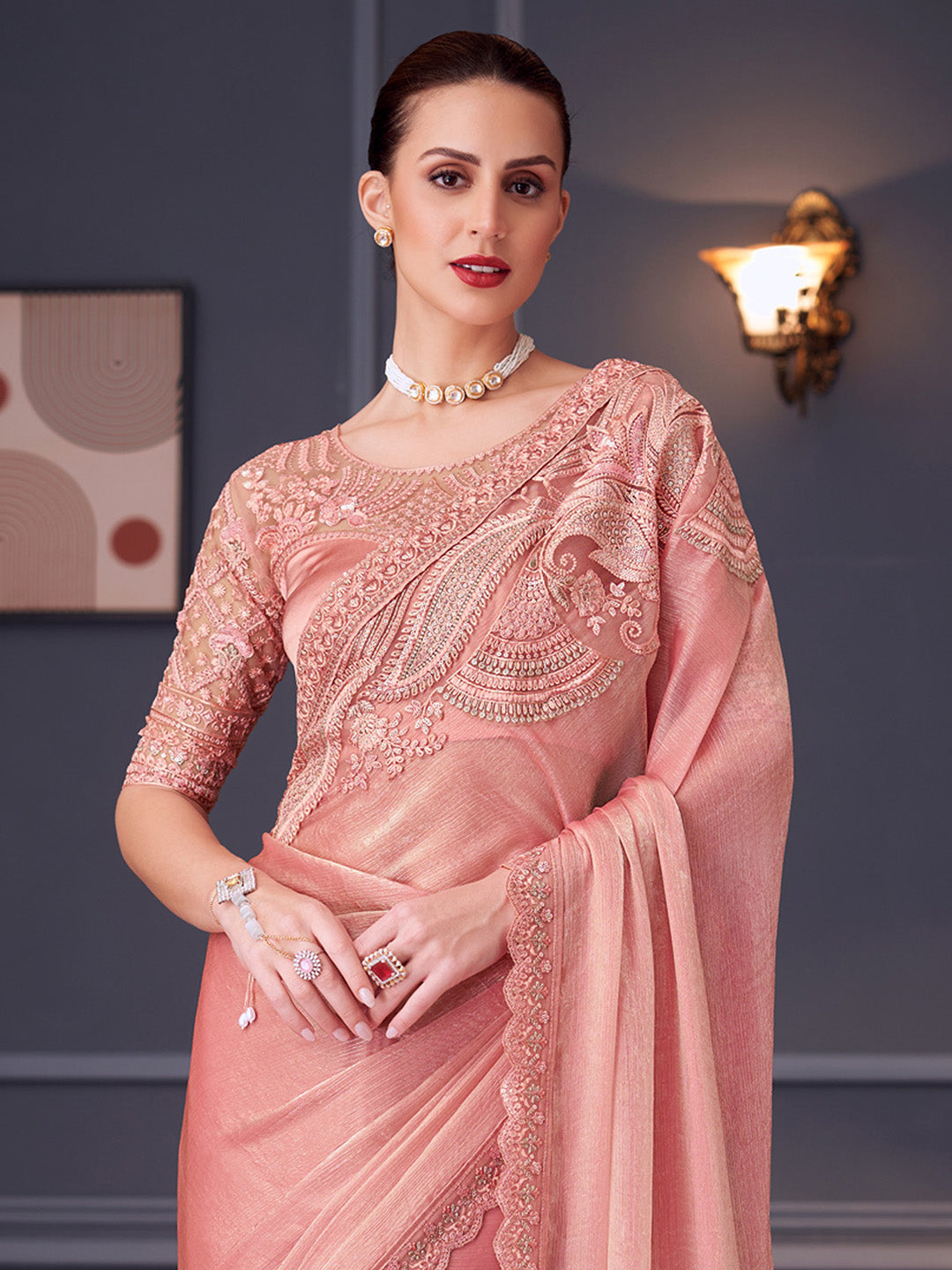 Pure Chiffon Peach Embellished Designer Saree With Blouse
