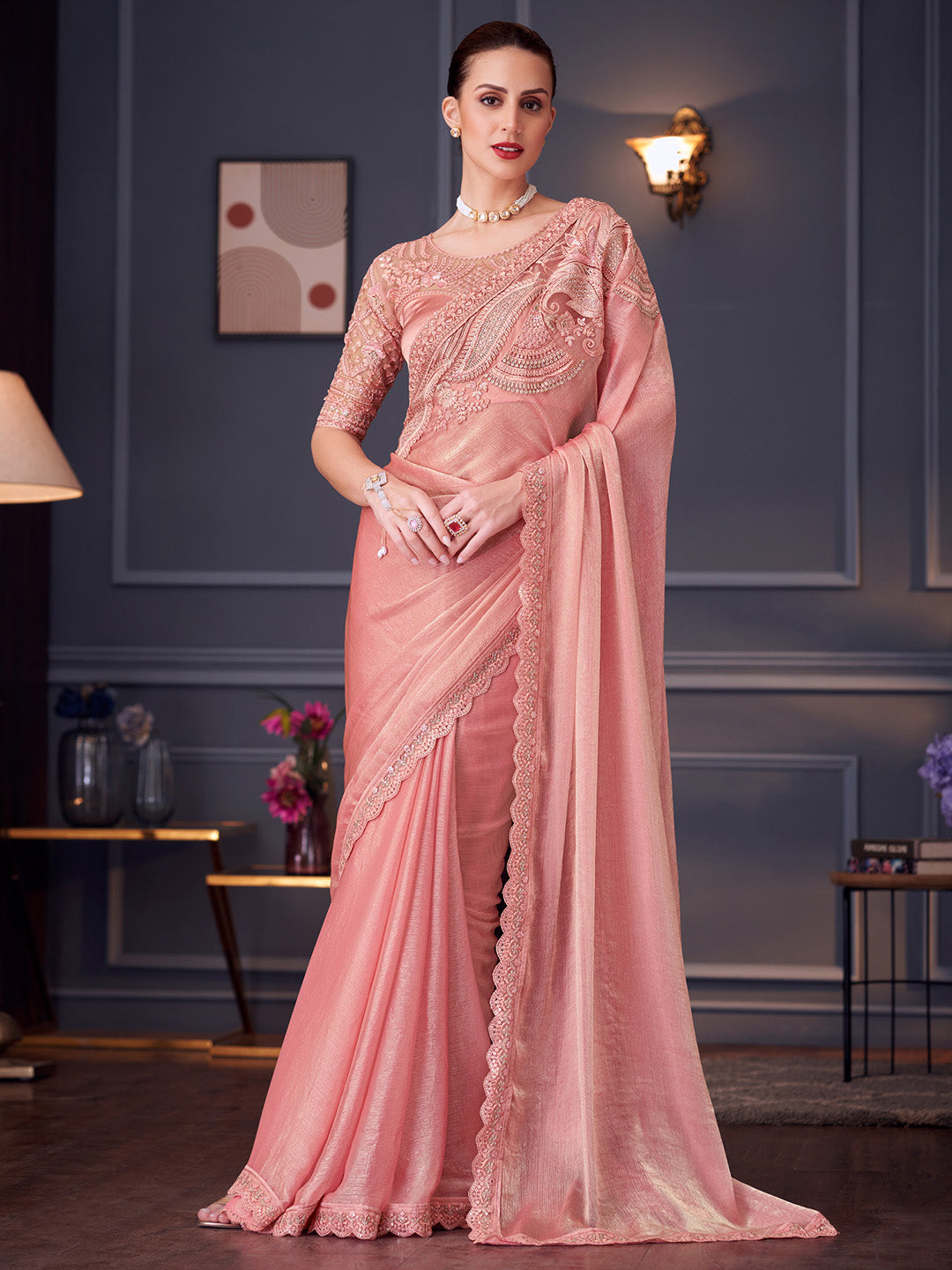 Pure Chiffon Peach Embellished Designer Saree With Blouse