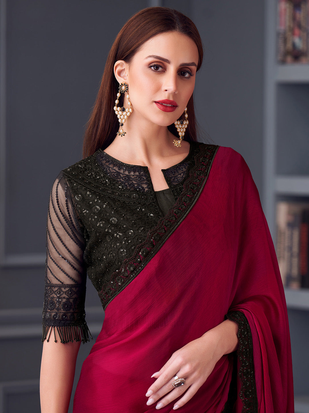 Satin Silk Black Embellished Designer Saree With Blouse