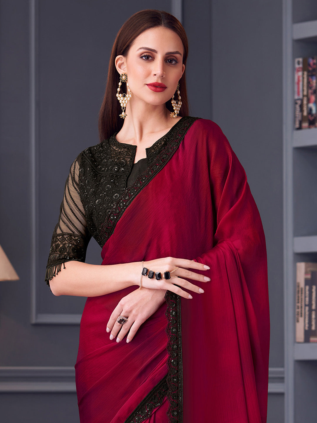 Satin Silk Black Embellished Designer Saree With Blouse