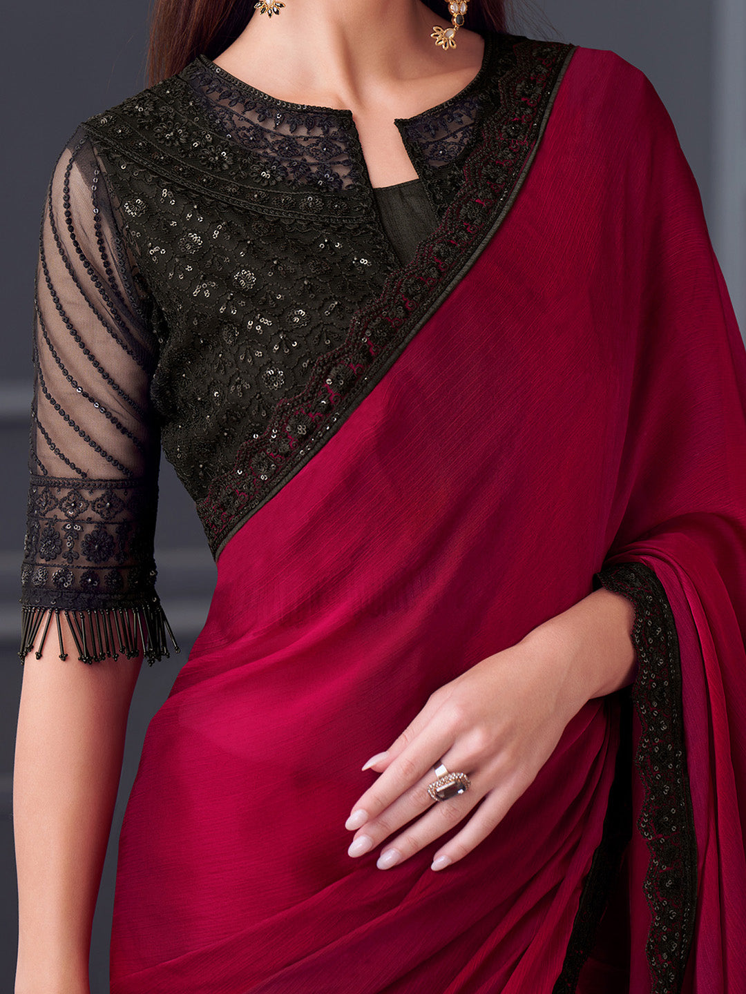 Satin Silk Black Embellished Designer Saree With Blouse