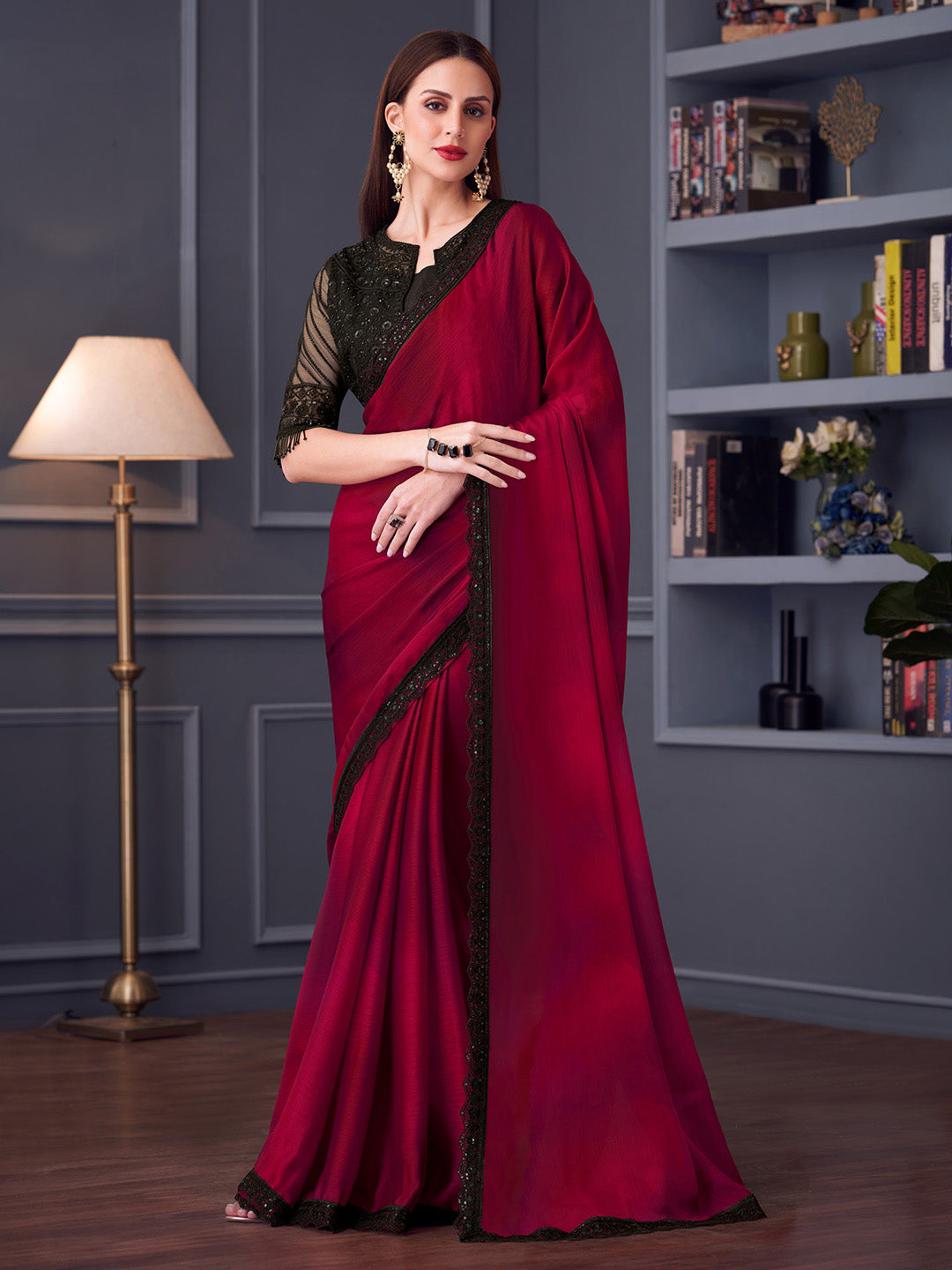 Satin Silk Black Embellished Designer Saree With Blouse