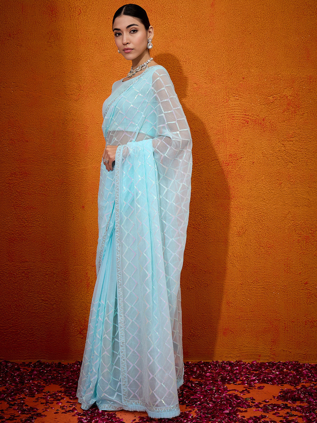 Georgette Light Blue Embellished Designer Saree With Blouse