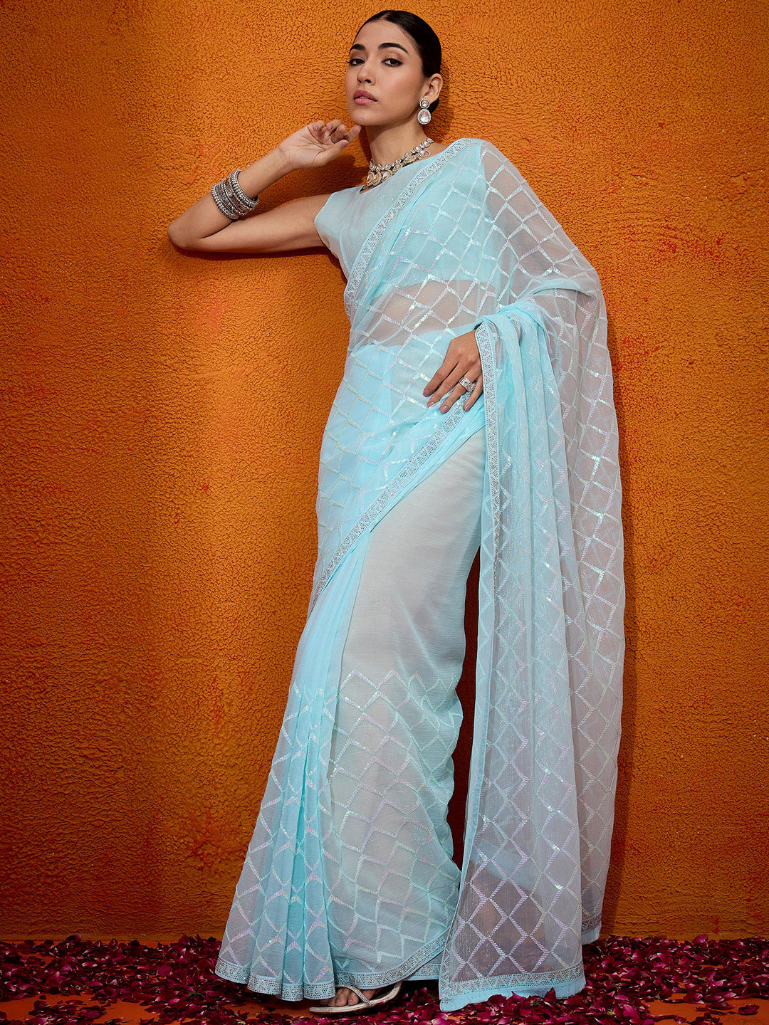 Georgette Light Blue Embellished Designer Saree With Blouse