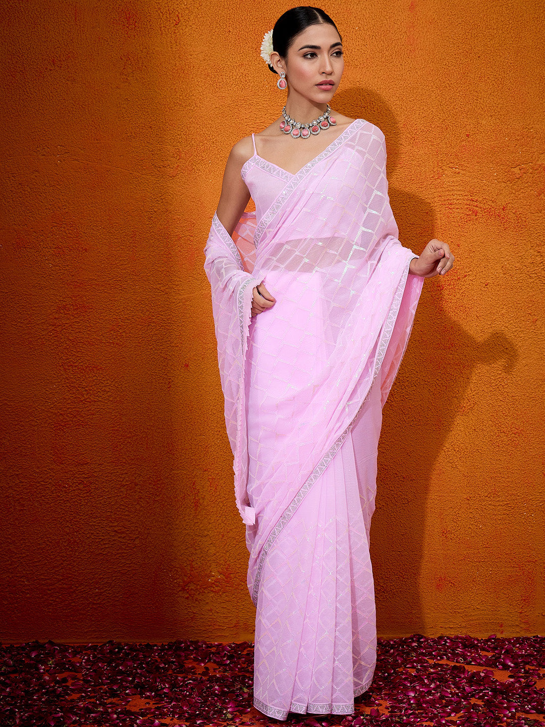 Georgette Pink Embellished Designer Saree With Blouse