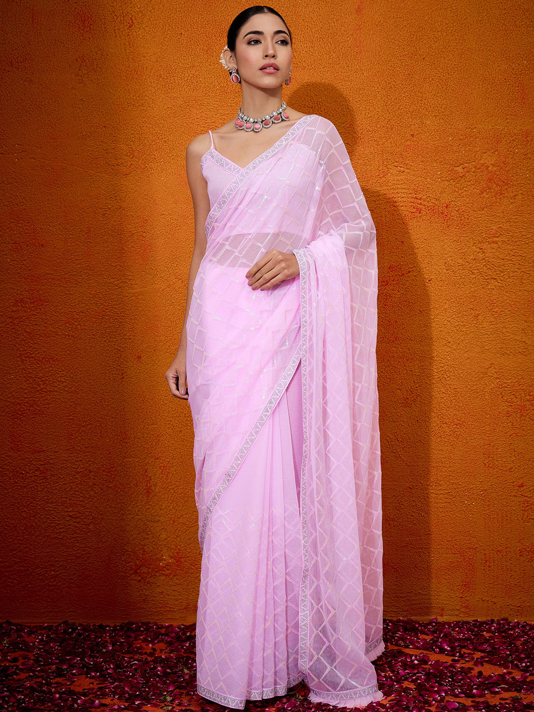 Georgette Pink Embellished Designer Saree With Blouse