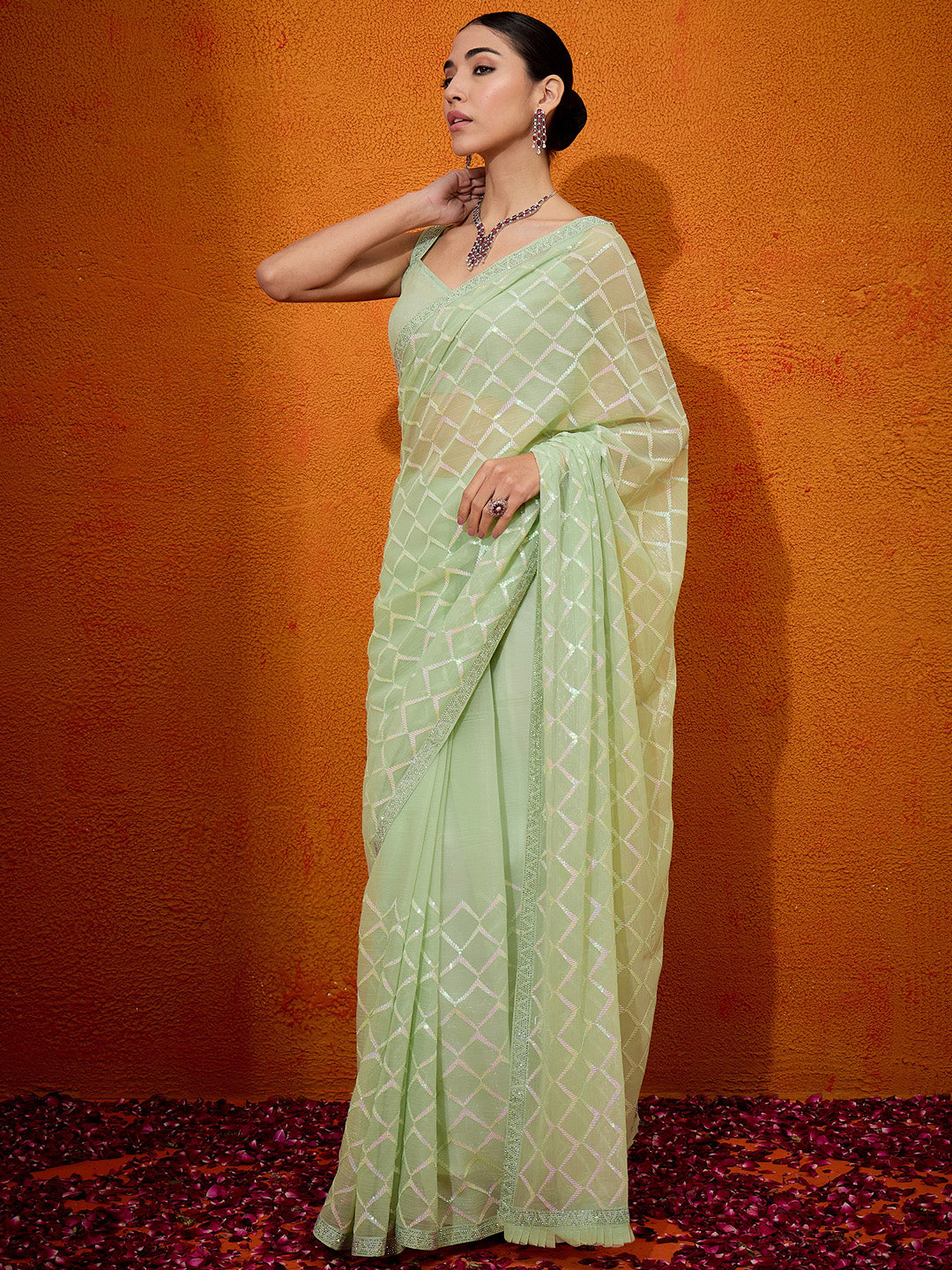 Georgette Light Green Embellished Designer Saree With Blouse