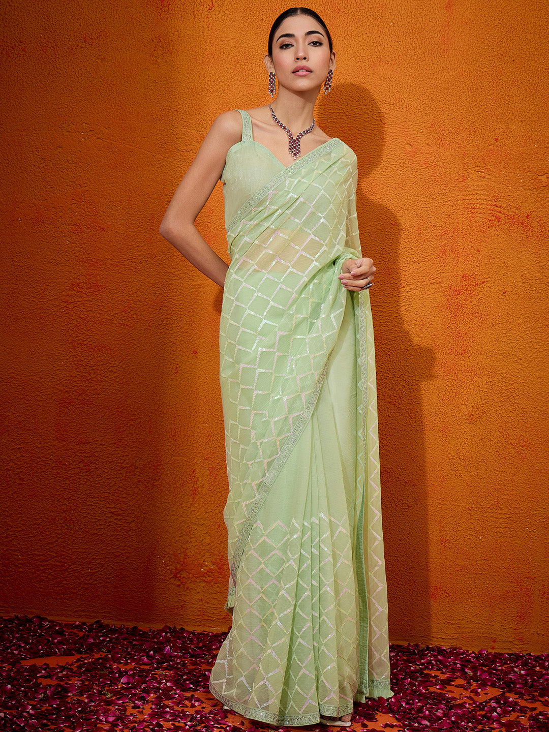 Georgette Light Green Embellished Designer Saree With Blouse