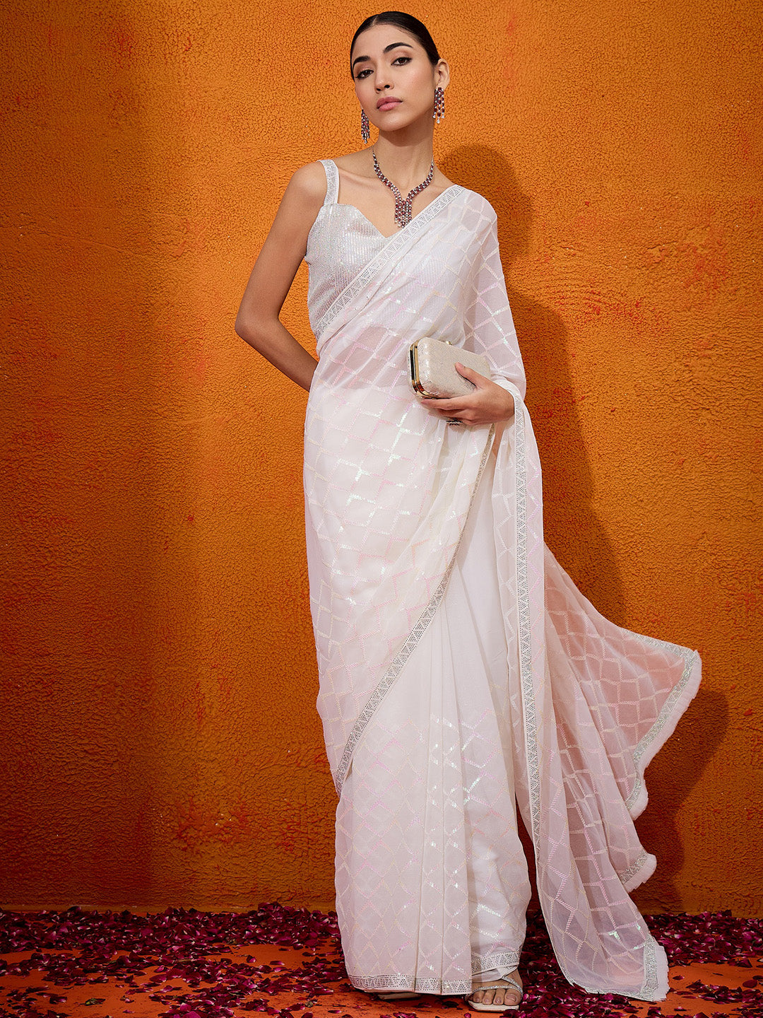 Georgette Off White Embellished Designer Saree With Blouse