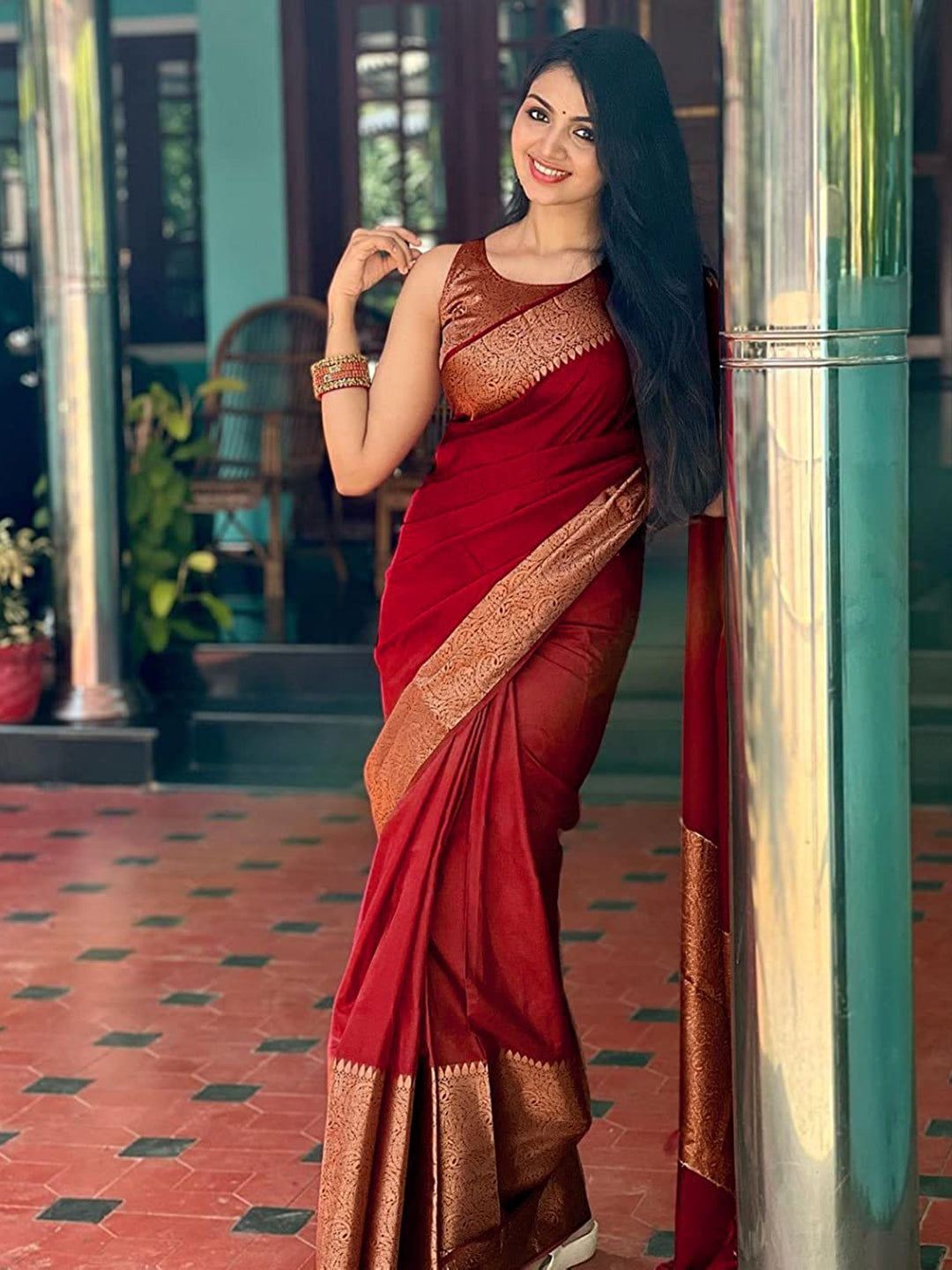 Silk Blend Maroon Woven Design Designer Saree With Blouse
