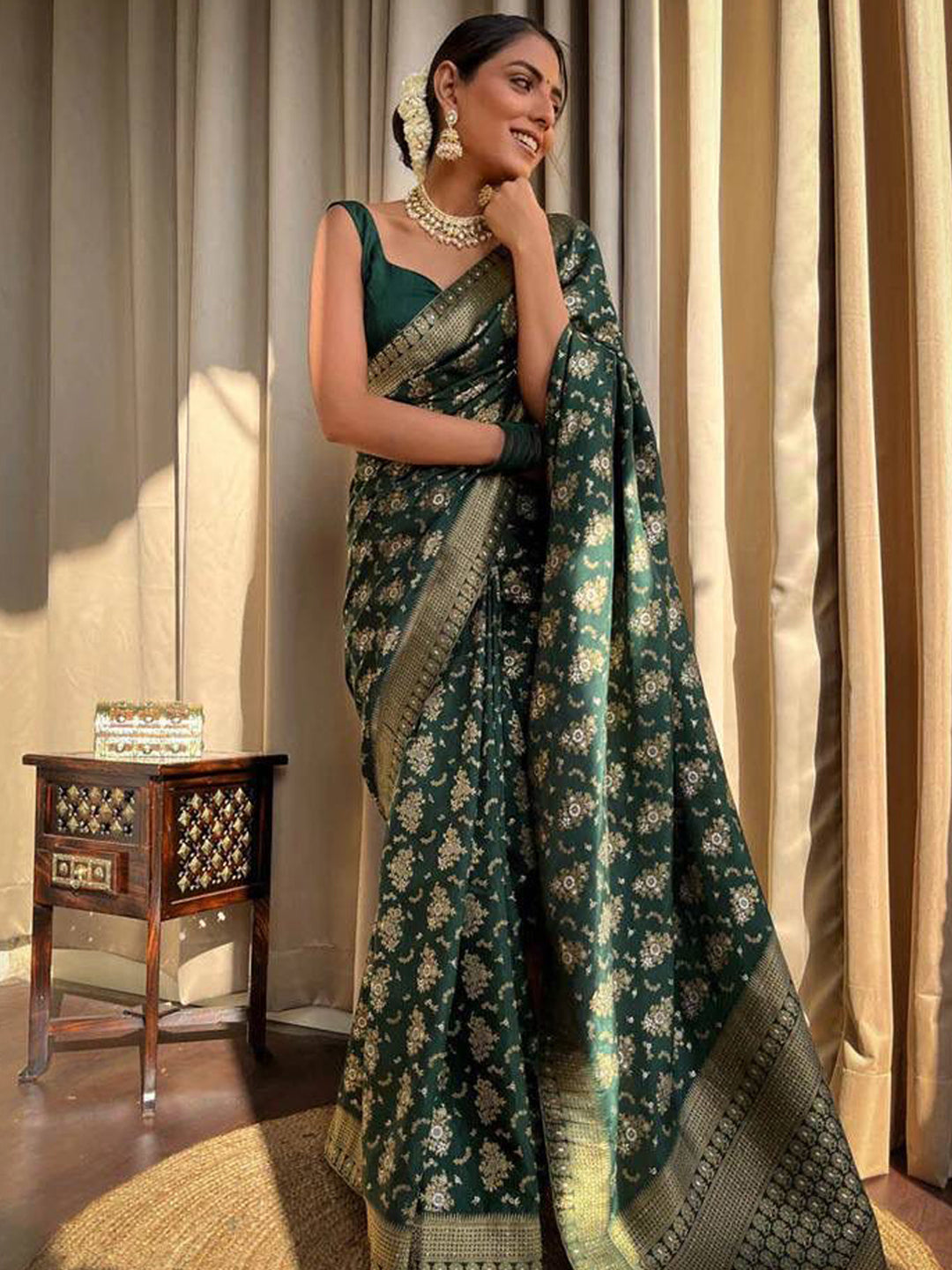 Silk Blend Green Woven Design Designer Saree With Blouse