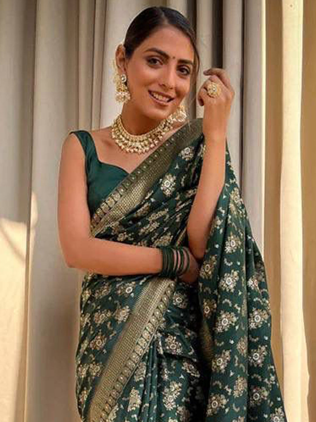 Silk Blend Green Woven Design Designer Saree With Blouse