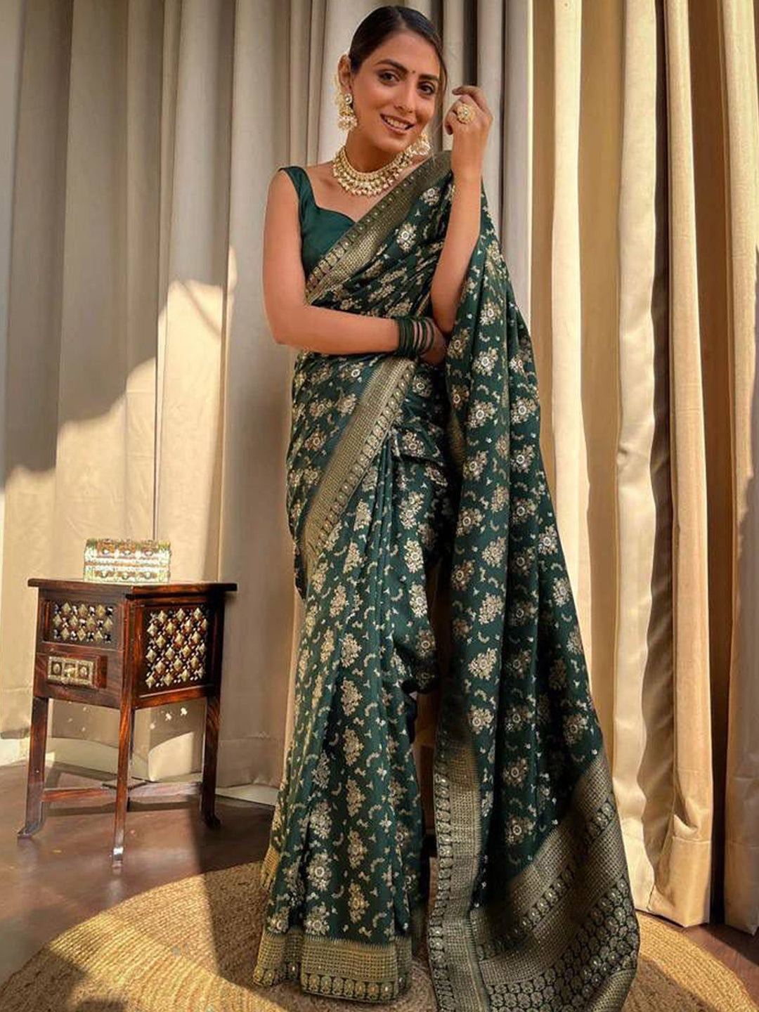 Silk Blend Green Woven Design Designer Saree With Blouse