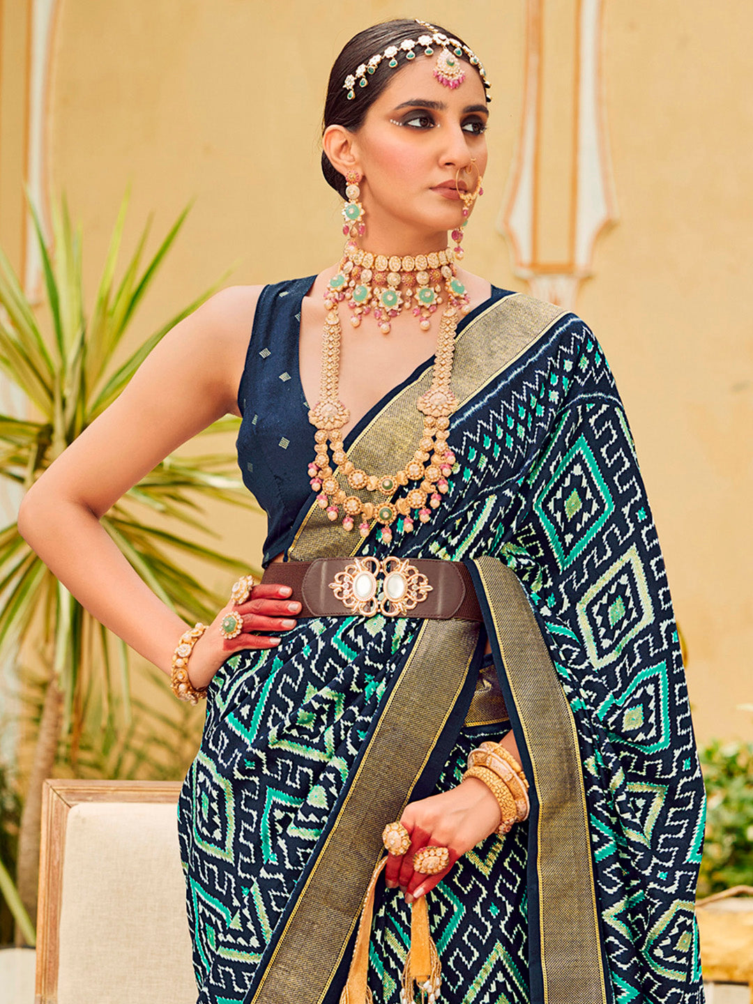 Tussar Silk Navy Blue Printed Designer Saree With Blouse
