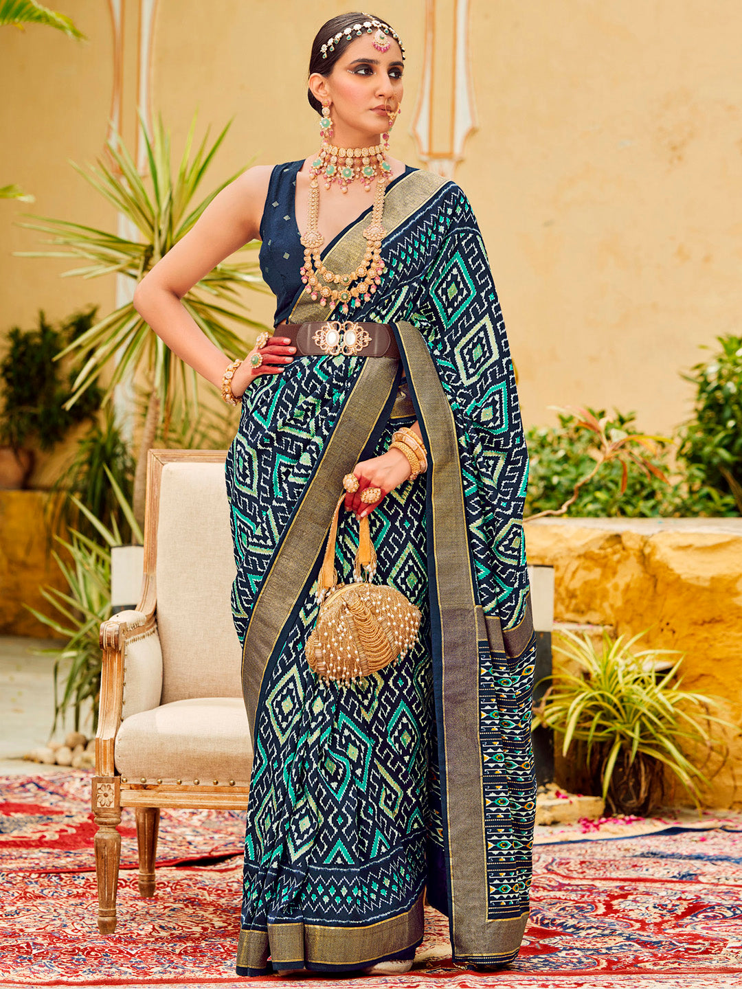 Tussar Silk Navy Blue Printed Designer Saree With Blouse