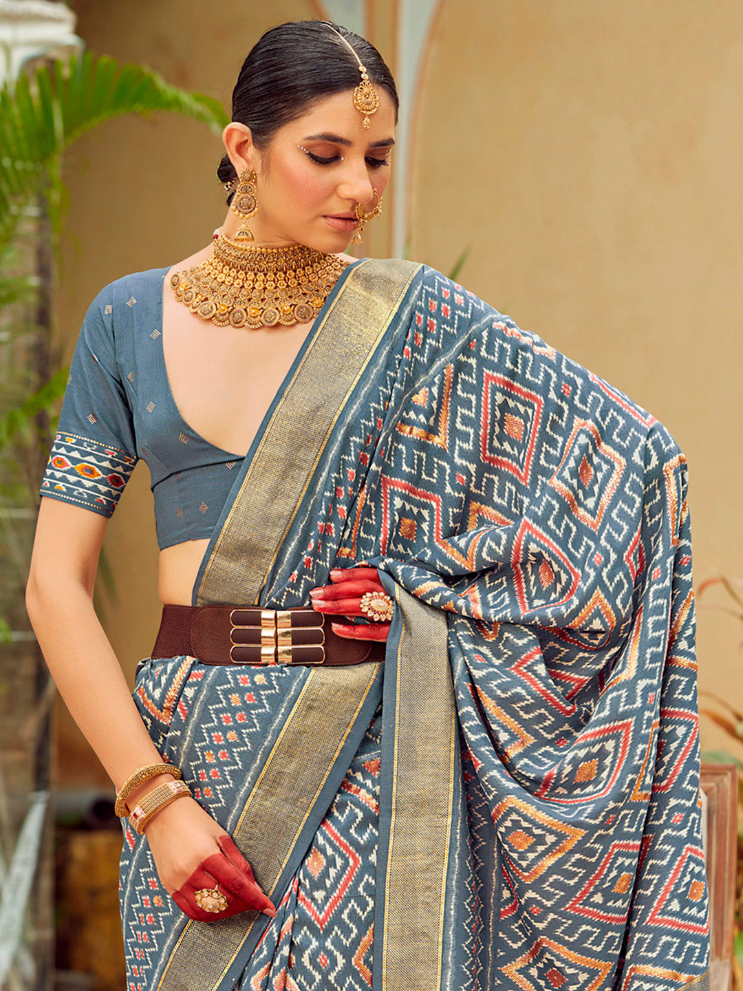 Tussar Silk Grey Printed Designer Saree With Blouse