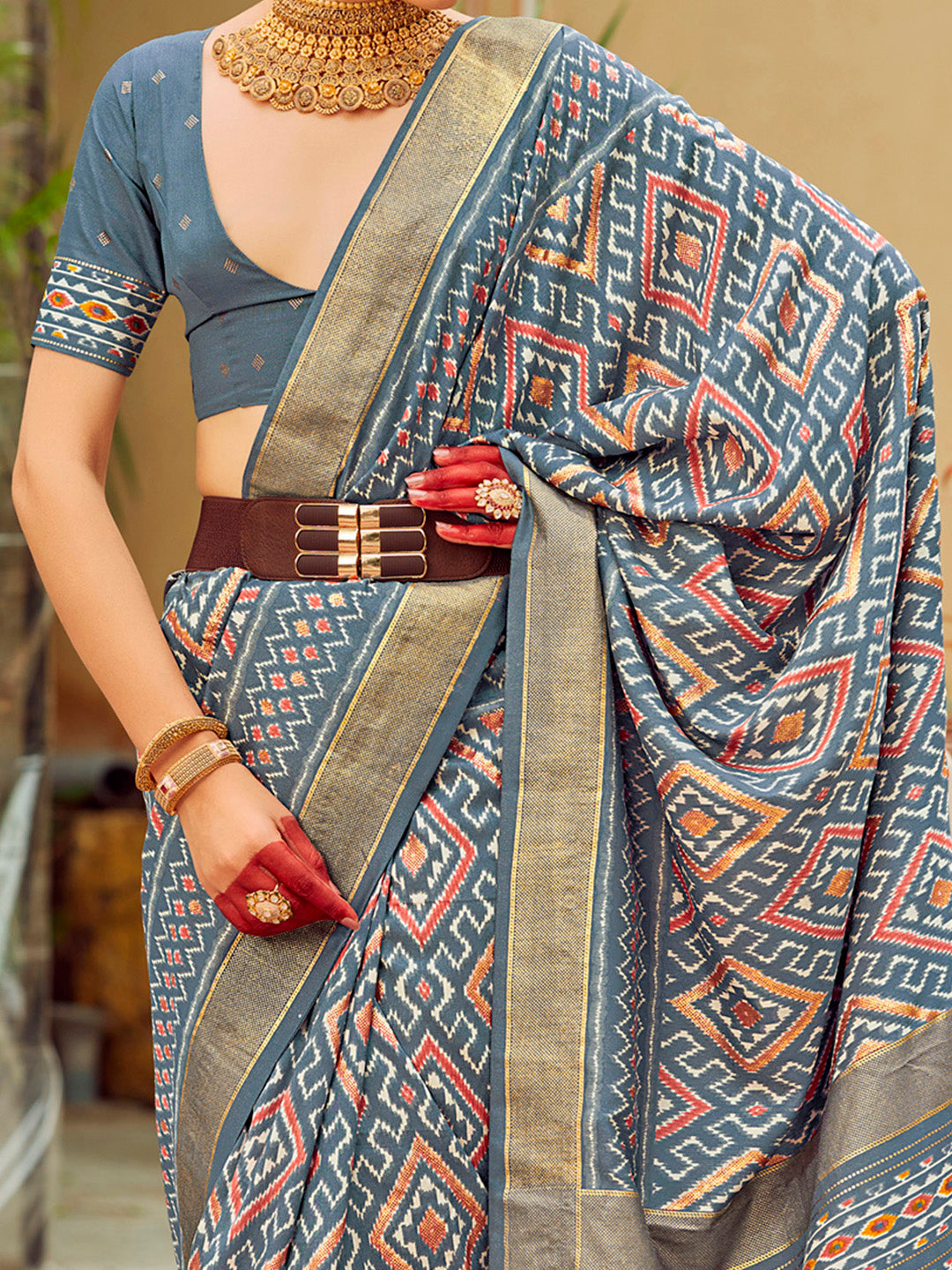 Tussar Silk Grey Printed Designer Saree With Blouse