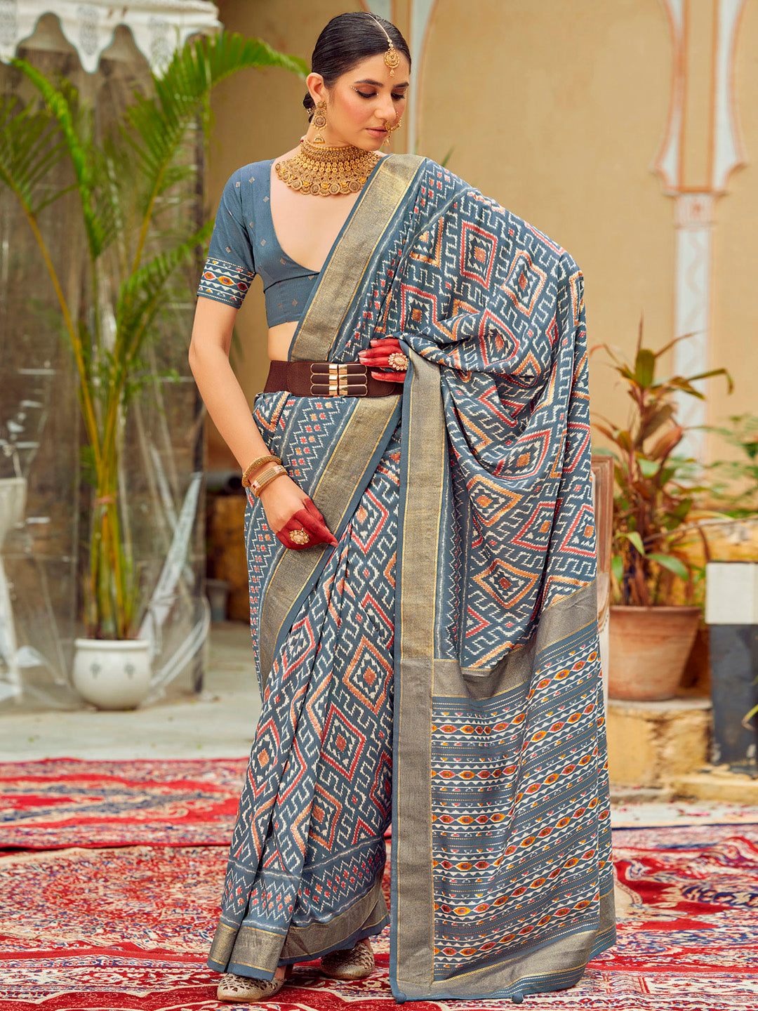 Tussar Silk Grey Printed Designer Saree With Blouse