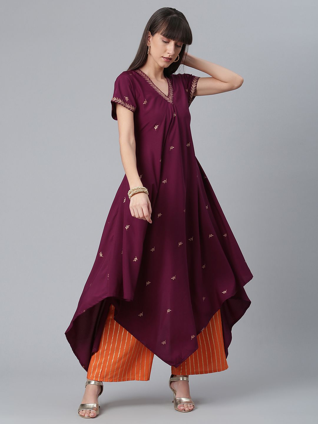 Burgundy Glitter Print Kimono Style Kurta With Palazzo