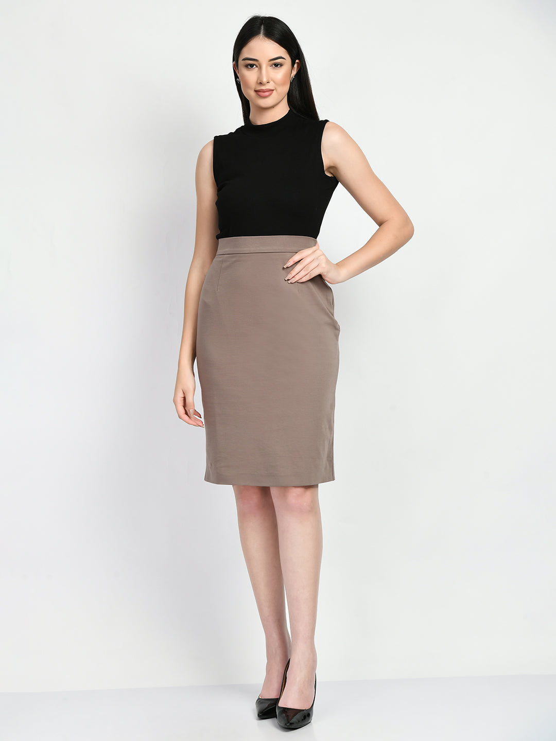 Exude Leadership Solid 4 Way Stretch Pencil Skirt