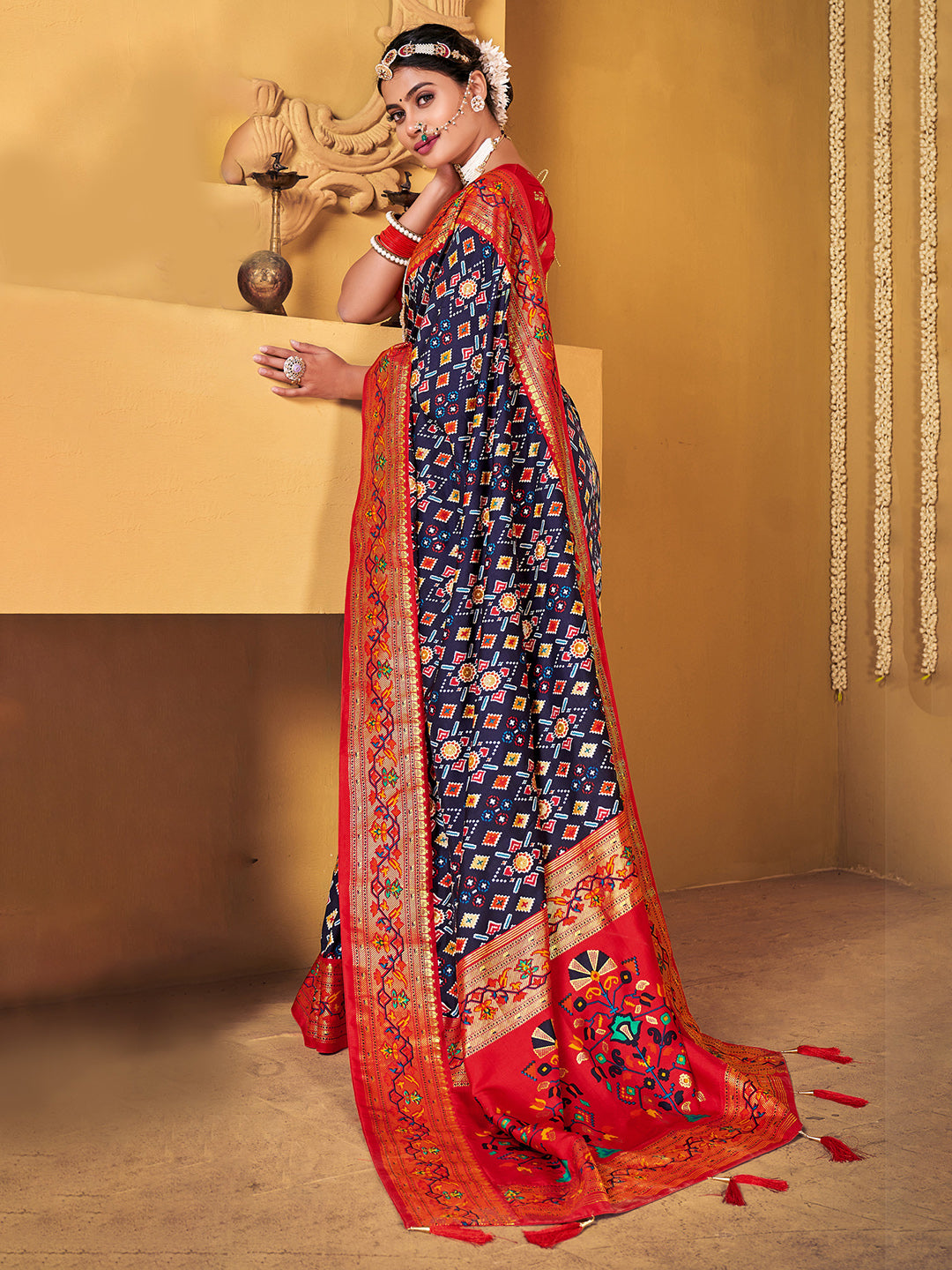Silk Blend Navy Blue Woven Design Designer Saree With Blouse